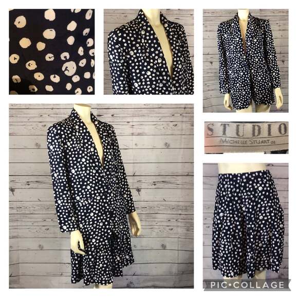 Vintage Studio by Michelle Stuart navy white Polkadot jacket & skirt size medium - Picture 2 of 12